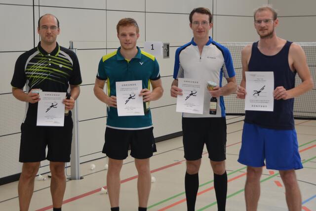 Herreneinzel: v.l.n.r.: 2. Simon Gerth (SSV Ettlingen), 1. Jonathan Link (TV Lauffen), 3. Christoph Lechner (SSV Waghäusel), 4. Linus Schmiederer (SSV Ettlingen)