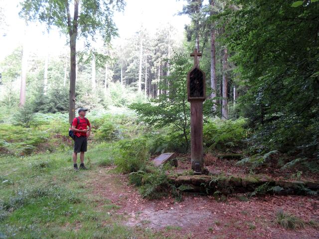 Der Wander-Abschnitt Rote-Bild-Weg wies schon seit Längerem darauf hin, dass der Bildstock bald erreicht ist. Es ist an der Grenze zum ehemaligen Kloster Schönau zur Herrschaft Hirschhorn. Deshalb trägt das Heilszeichen beide Wappen und schützte unsere Vorfahren auf ihren Wegen.