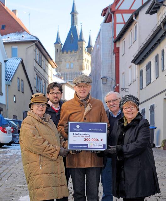 Einen Großteil der Kosten decken Gelder aus Förderprogrammen ab, rund eine Million muss die Stadt aus eigener Tasche bezahlen. Darum veranstaltet die Verwaltung Spendenaktionen. Die Suche nach einem passenden Logo wird als Wettbewerb ausgeschrieben. Ulrich und Margot Wörner gewinnen mit dem Slogan: "Schotter für den Blauen Turm". In vielen Wimpfener Läden warten fortan Spendendosen auf Fütterung.