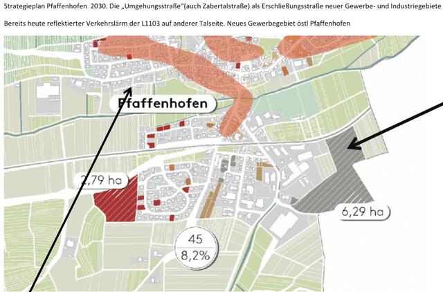 Linker Pfeil: vom Lärm der L1103 betroffenes Gebiet "Häsle". Rechter Pfeil: geplantes Gewerbegebiet östl. Pfaffenhofen | Foto: Strategieplan Pfaffenhofen 2030