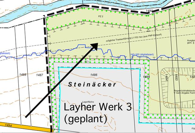 geplante Trasse der L1103 in der Ausgleichsfläche | Foto: Bebauungsplan Langwiesen IV für Layher Werk 3