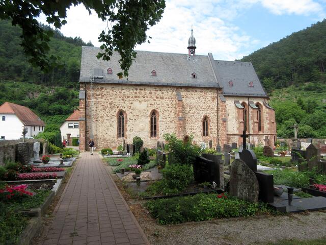 An der Kapelle angekommen wunderte sich mancher über die moderne Eisenleiter hinauf auf das Dach, rechts. Es befindet sich dort die größte Mausohr-Kolonie in ganz Hessen und das in der ältesten Kapelle Hessens.