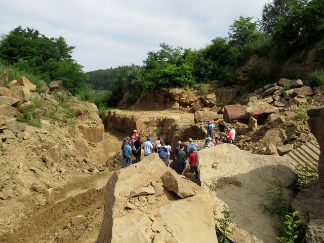 Alle lauschen aufmerksam den Ausführungen über Keuper, Trias, Schilfsandstein, Sprengung, Spaltung, Sprechende Steine und vieles mehr.