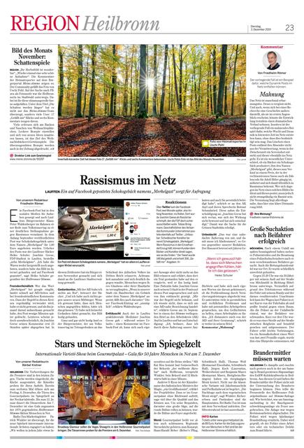 Sogar auf die  Aufschlagseite des Regionalteils hat es das Bild des Monats von Uschi Pohl in der Heilbronner Stimme und Kraichgau Stimme am Dienstag, 3. Dezember, geschafft. Das gab es noch nie.