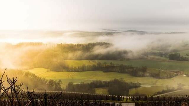 Die Sonne vertreibt den Nebel zwischen Geddelsbach, Unterheimbach und Adolzfurt