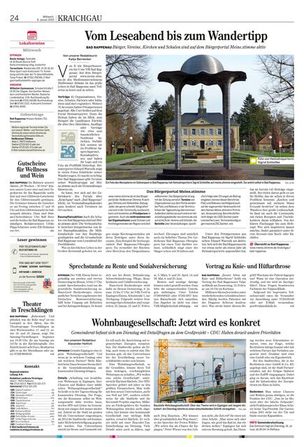 Mittwochs ist meine.stimme-Tag: Da erscheint in der passenden Lokalausausgabe  ein Bericht über die Aktivitäten der Heimatreporter des Ortes, der in dieser Woche im Fokus steht. Am 8. Januar war das Bad Rappenau.