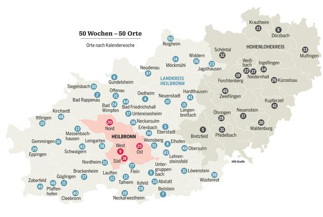Wann welcher Ort im Fokus steht, ist an der Zahl zu erkennen. Diese steht für die jeweilige Kalenderwoche.