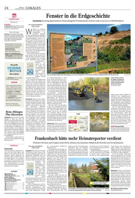 Was schreiben die Heimatreporter aus Frankenbach auf meine.stimme? Am Mittwoch, 26. Februar stand es in der H-Ausgabe der Heilbronner Stimme.
