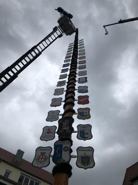 Die Drehleiter bringt die restlichen Wappen an