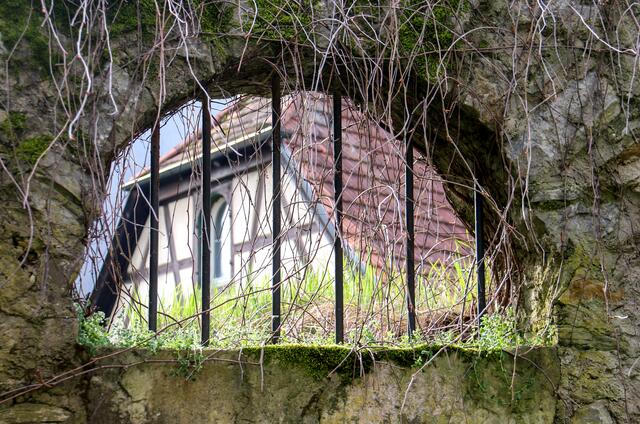 Blick durch eine Öffnung in der historischen Stadtmauer in Bad Wimpfen