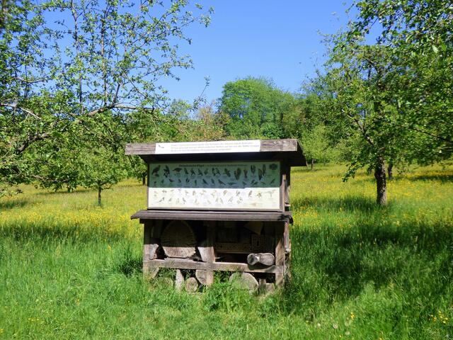 Ein schön gestaltetes Insektenhaus inmitten einer Wiese.