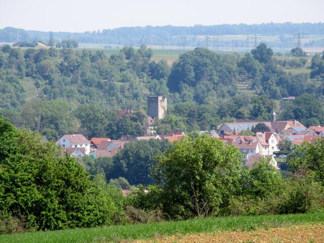 Oberhalb des Friedhofs hat man dann doch noch eine gute Aussicht auf den Turm des Schloss Unterriexingen