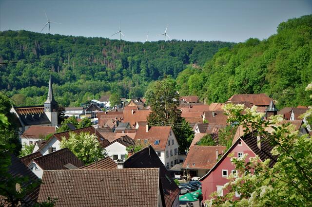 Blick vom Turmwächterhaus auf Widdern mit der Ev. Laurentinuskirche