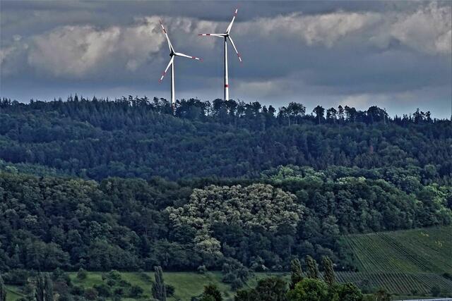 Die beiden Windräder in den Löwensteiner Bergen.