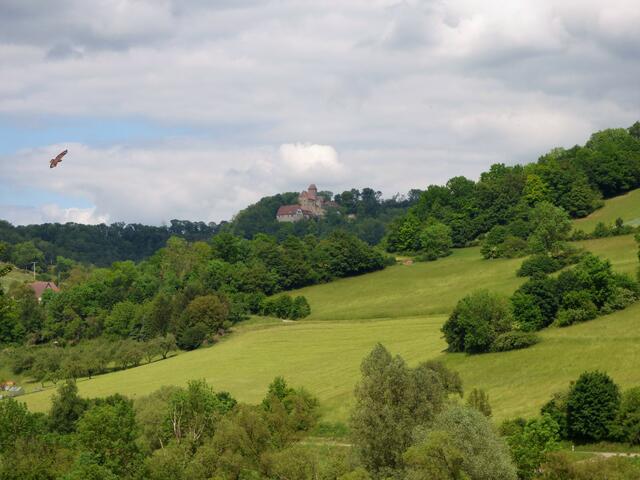 Nochmals ein Blick auf Schloss Tierberg, das gut zu der wunderschönen Landschaft passt. Ein Greifvogel zieht am Himmel seine Kreise.