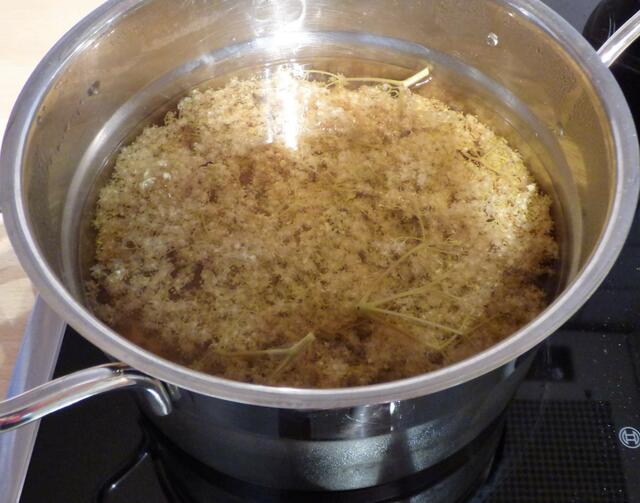 Die Holunderblüten mit dem Apfelsaft aufkochen und dann für 2 Tage im Kühlschrank ziehen lassen. Danach durch ein Sieb gießen und den Saft mit Gelierzucker und Zitronensaft aufkochen und 4 Min. sprudeln kochen lassen. Dann in die heiß ausgespülten Gläschen abfüllen.