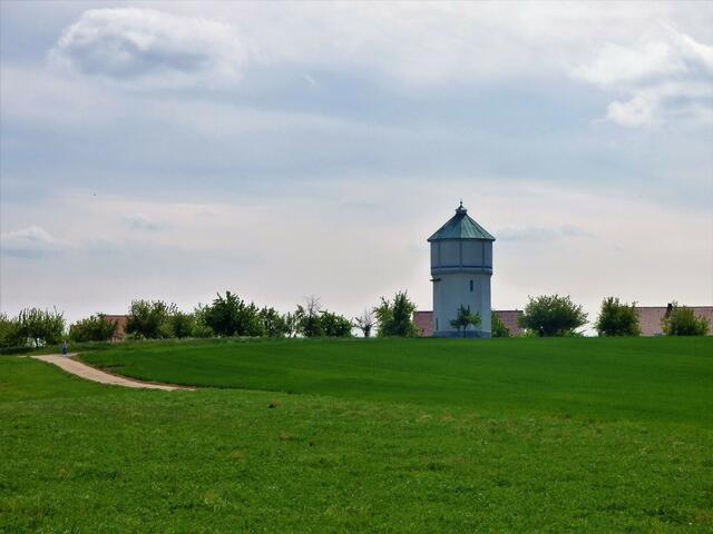 Hinter den Dächern von Siegelsbach steht der Wasserturm wie ein Wächter in den Wiesen