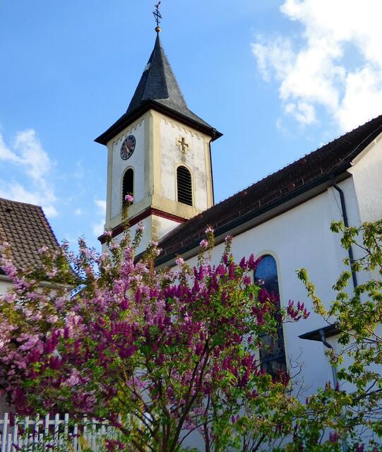 Der Kirchturm der katholischen Kirche strahlt durch die Fliederblüte noch ein bisschen mehr
