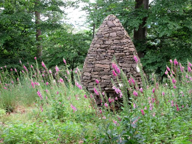 Dann war das Monument erreicht. Umringt und bewacht von Fingerhut. Im Englischen heißt er foxglove. Böse Feen sollen die Blüten den Füchsen als Handschuhe gegeben haben, damit sie sich lautlos im Wald bewegen können... Sagen und Märchen sind unterwegs oft dabei.