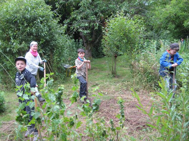 Eine Gruppe ist mit umgraben eines Beetes beschäftigt.