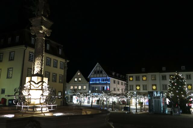 Marktplatz mit Rathaus und Brunnen bei Nacht