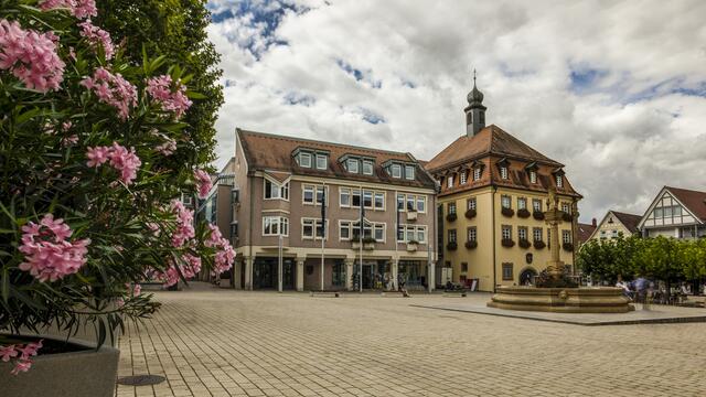 Marktplatz mit Rathaus und Brunnen