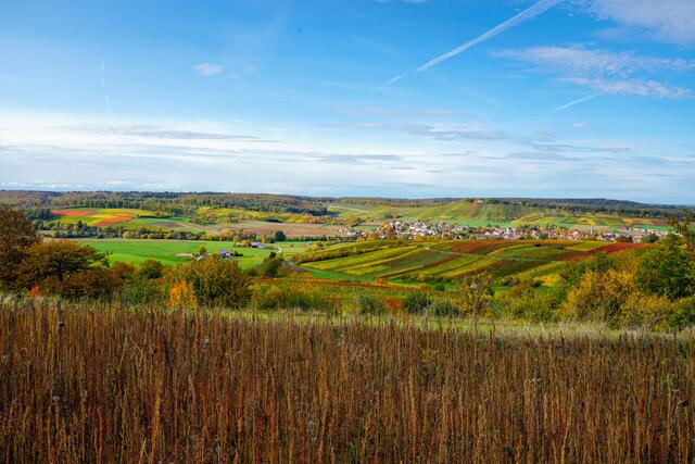 Blick auf Kleingartach und die herbstlichen Weinberge