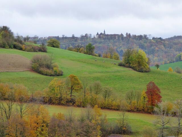 Schloss Langenburg ist auf dem gegenüberliegenden Hügel schon gut zu erkennen.