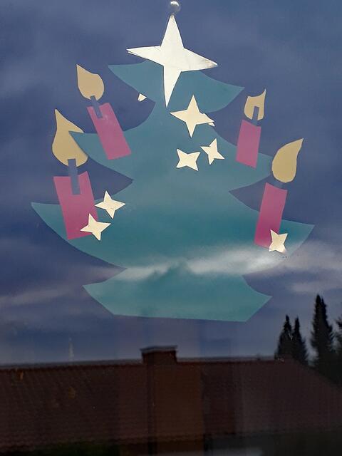 die Nachbarin hat uns ein Bäumchen fürs Fenster gemacht. Von außen fotografiert, die Wolke spiegelt sich.