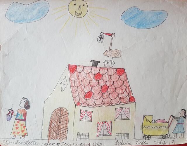 Tja, dieses Bild entstand, weil wir wieder auf den Storch warteten, der zum Nachbarn kommen musste... Das waren solche Tage, wo wir den ganzen Tag vergeblich am Fenster saßen, ohne zu streiten, und warteten um ihn zu sehen... Mama wusste immer, heute kommt der Storch und später, jetzt war er da. Sie sah Frau Wieland, die Hebamme, ins Haus gehen und später wieder verlassen...