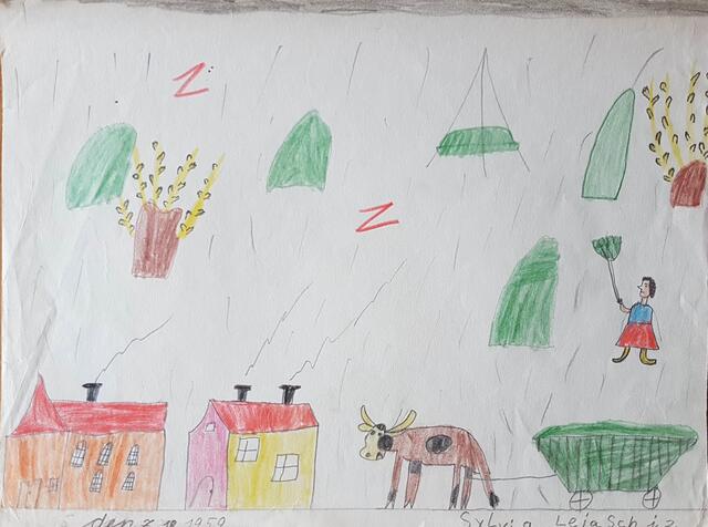 Der Nachbar musste schnell das Heu einfahren, da das Gewitter bereits tobte... Traktoren waren damals noch selten, die meisten hatten Ochsenwagen