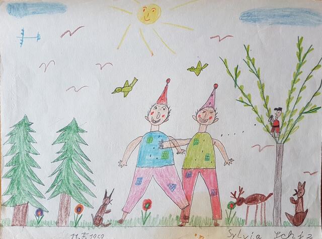 Das hier war die Geschichte von den Riesen... Die irgendwo im Gebirge wohnten. Seht ihr, was der freche Bub auf dem Baum da anstellt?
