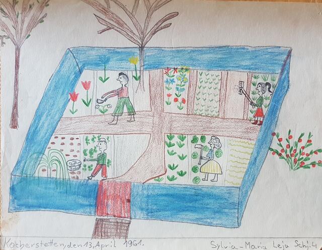 Da hab ich den Garten hinterm Haus von Mama gemalt, jedoch ein bisschen verschönt, denn so groß war er nicht, aber wir hatten alles, ob Kartoffeln, Karotten, Salat, Bebbelesgemüse, Kräuter, Bohnen, rote Bete...