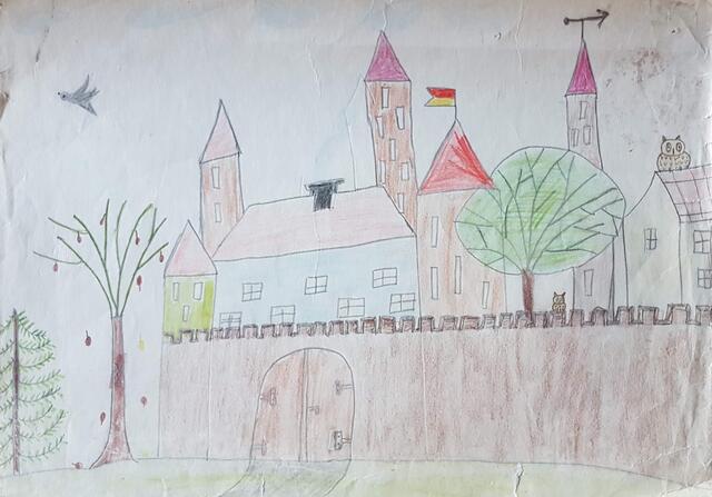 Bei dem Burgbild bin ich nicht mehr sicher, mussten wir aufgrund einer Geschichte diese Burg malen, oder sollten wir Schloss Stetten zeichnen 🤔😬