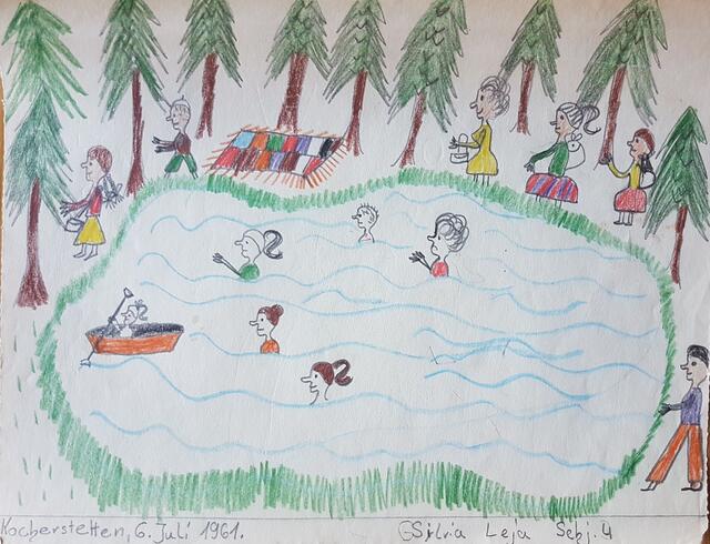 Bei diesem Bild bin ich sehr unschlüssig, ob wir da einfach was malen durften, was wir wollten oder ob da eine Geschichte voraus ging, denn bei uns gab es ja keinen Badesee im Wald 🤔