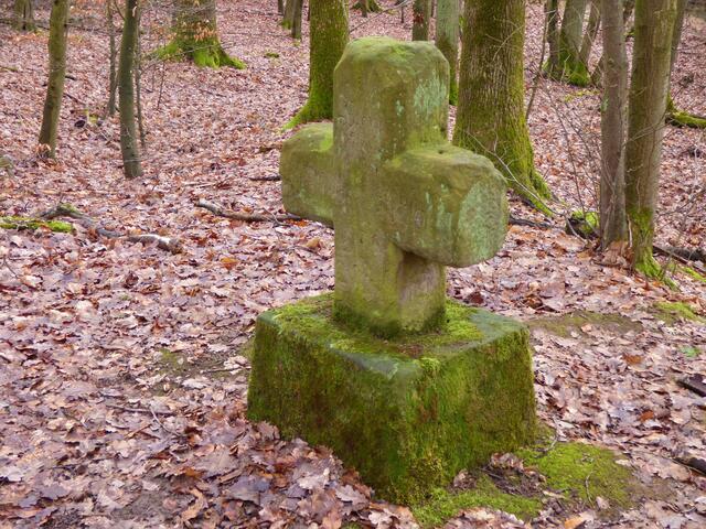 Das Wildererkreuz. Die Inschrift auf der Rückseite war nicht mehr zu entziffern. Es ist ein Kulturdenkmal und erinnert wohl an zwei Wilderer, die hier erschossen wurden und ist so etwas wie ein Sühnekreuz.