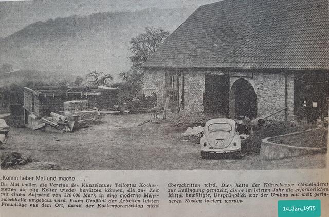 Mitte Januar 1975 waren die Um- und Anbauarbeiten für die künftige Sport- und Festhalle schon in vollem Gange. Der Kostenvoranschlag von 320 000 Mark durfte keinesfalls überschritten werden... Viele Freiwillige aus Kocherstetten  leisteten unentgeltlich einen Großteil der Arbeiten