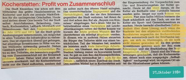 Sehr lesenswerter HZ-Artikel, der humorvoll und treffend einen Rückblick auf die Ereignisse rund um die Eingemeindung, die Wünsche, die Turbulenzen zwischen den Beteiligten und das besondere Engagement  der Kocherstettener bietet