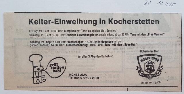 Die Veranstalter - Freiwillige Feuerwehr, Posaunenchor und Sportclub Kocherstetten schalteten diese Anzeige in der HZ: man hatte an alles gedacht und gleich 3 Bands hatte man engagiert - die Sonnies, die Free Version und die Speedies sorgten an jedem Abend für fetzige Rhythmen, die zum Tanzen animierten...