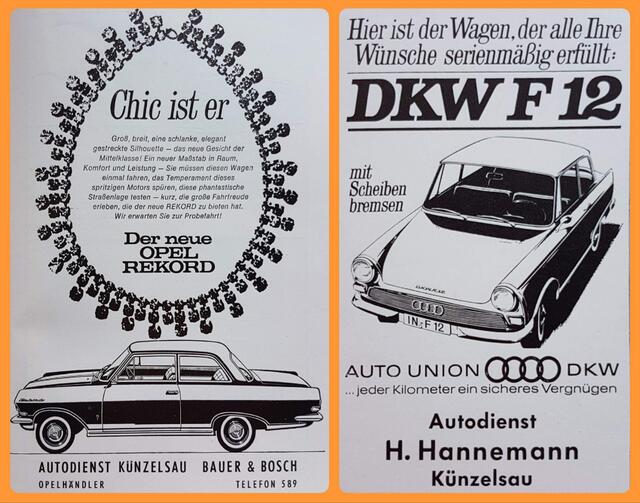 Anzeigen von zwei Künzelsauer Auto-Betrieben. Beide gibt es noch heute, als Autohaus Hannemann in Künzelsau-Gaisbach und Autodienst Künzelsau Opel Vertragshändler Bauer u. Bosch