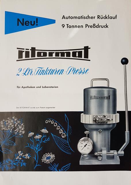 Erfindung von Erwin Schäberle: Tinkturenpresse mit automatischem Rücklauf der Pressplatte