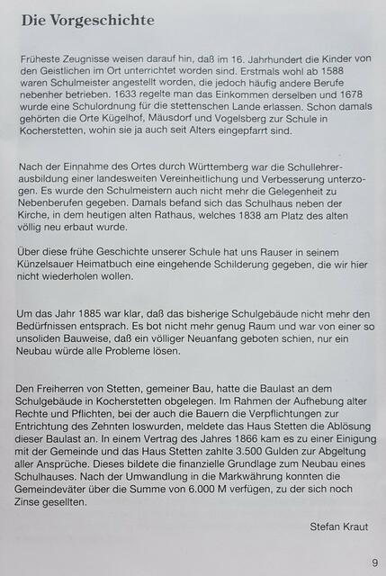 Aus der Festschrift "d'Schuel" zum Anlass 100 Jahre (neues) Schulhaus in Kocherstetten, Verfasser: Stadtarchivar Stefan Kraut, Künzelsau