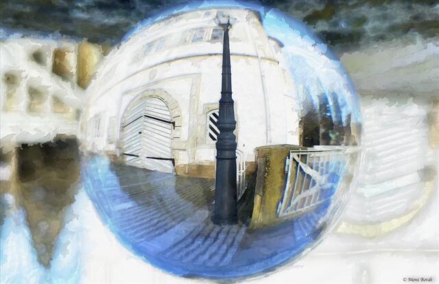 Wasserschloss Bad Rappenau /Kugelbild zum Aquarell (mit Photoshop) verändert.