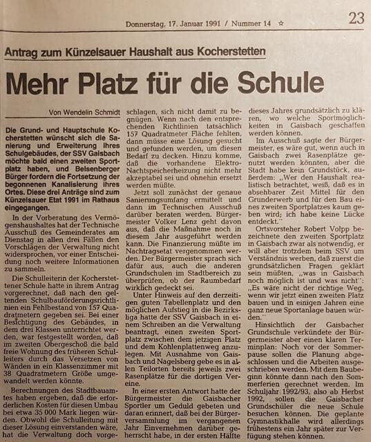 Zeitungsbericht vom 17.Januar 1991 zum Antrag auf Umbau und Sanierung des Schulhauses