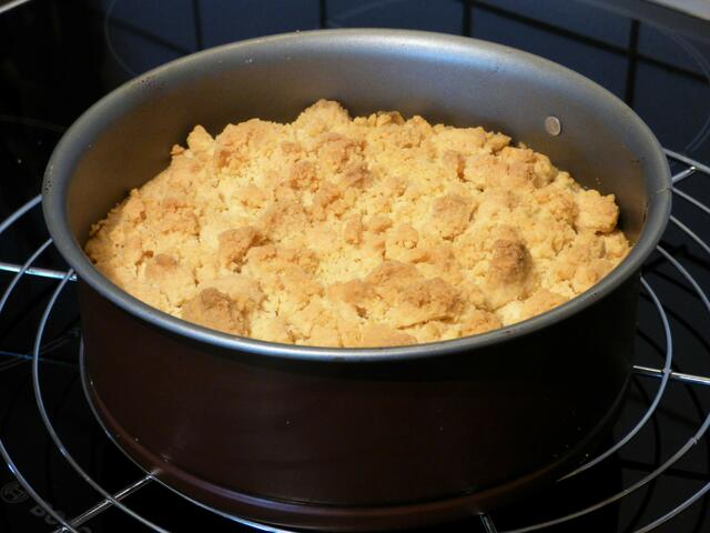 Nach 40 Minuten kommt er leicht gebräunt aus dem Backofen. Auf ein Kuchengitter stellen und leicht auskühlen lassen. Dann Rand entfernen und ganz auskühlen lassen.