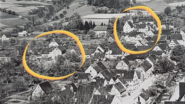 Im linken Kreis sind Schule und altes Rathaus zu sehen, rechts oben im Kreis Kirche und altes Schulhaus. Von der Schule zur Kirche ging Lehrer Wagner, um bei einer Hochzeit Orgel zu spielen. Ein älterer Schüler, Heinrich Bader, musste dann solange die Aufsicht führen. Die Geschichte dazu steht in Rätsel 2 bei Abbildung 5. Den Fußweg von der Schule vorbei am alten Rathaus zur Kirche und zum Pfarrhaus gibt es noch heute. Quelle: wie vorherige Abbildung, Ute Hannemann