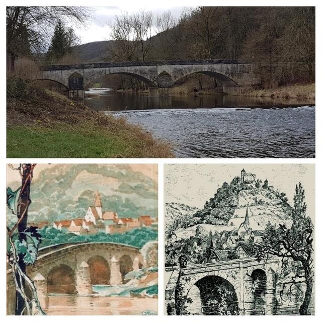 Die Kocherbrücke: oben 2021, links unten auf einem Fremdenverkehrsprospekt von 1936 (in idealisierter, gebogener Darstellung), rechts unten auf einem Stich aus dem Jahr ...., Quelle dazu: Beschreibung des Oberamts Künzelsau von 1883, S.639