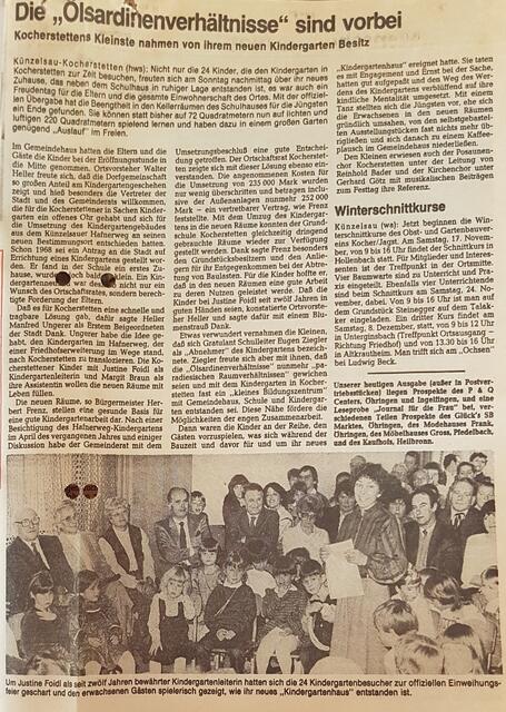 Bericht der Hohenloher Zeitung zur Kindergarteneinweihung, um 1980?? WER KANN DAS GENAUE JAHR BEISTEUERN?