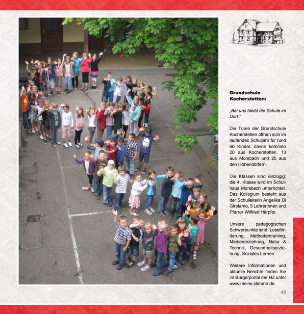 Alle Schüler der Grundschule Kocherstetten bildeten im Jahr 2013 fürs Foto die zwei Buchstaben GS - im Textteil wird auf die Zusammensetzung der Schülerschaft eingegangen. Quelle: Festschrift Kocherstetten 2013, von Ernst Gruber, eh. Ortsvorsteher