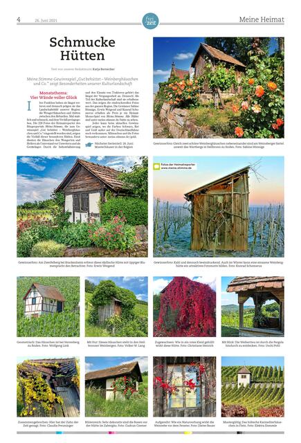 Wenn sie auch nicht immer in einem top Zustand sind, so machen die Weinberghütten unsere Kulturlandschaft unverwechselbar. Das zeigt die Bilderseite, die am 26. Juni im Magazin der Zeitung erschienen ist.